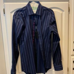 Bugatchi Dark Blue Pinstripe Dress Shirt